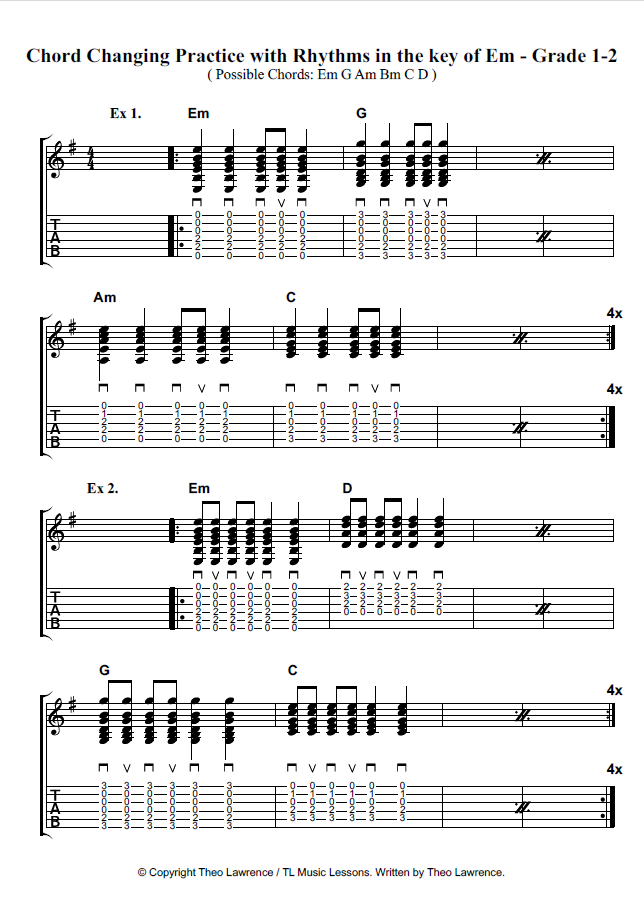 Chord Changing Practice With Rhythms In The Key Of Em – Grade 1-2