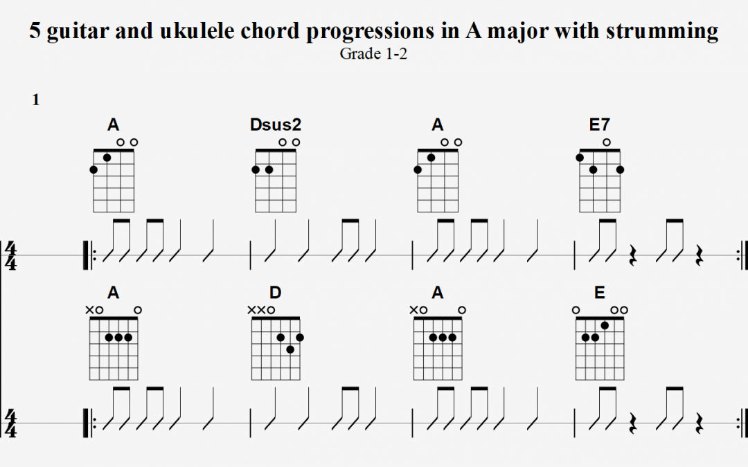 5 guitar and ukulele chord progressions in A major with strumming – Essential Beginners and Grade 1 – 2