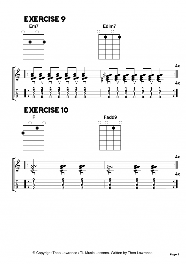 Exercises 9 and 10 from the 50 Guitar & Ukulele Chord Exercises ebooks