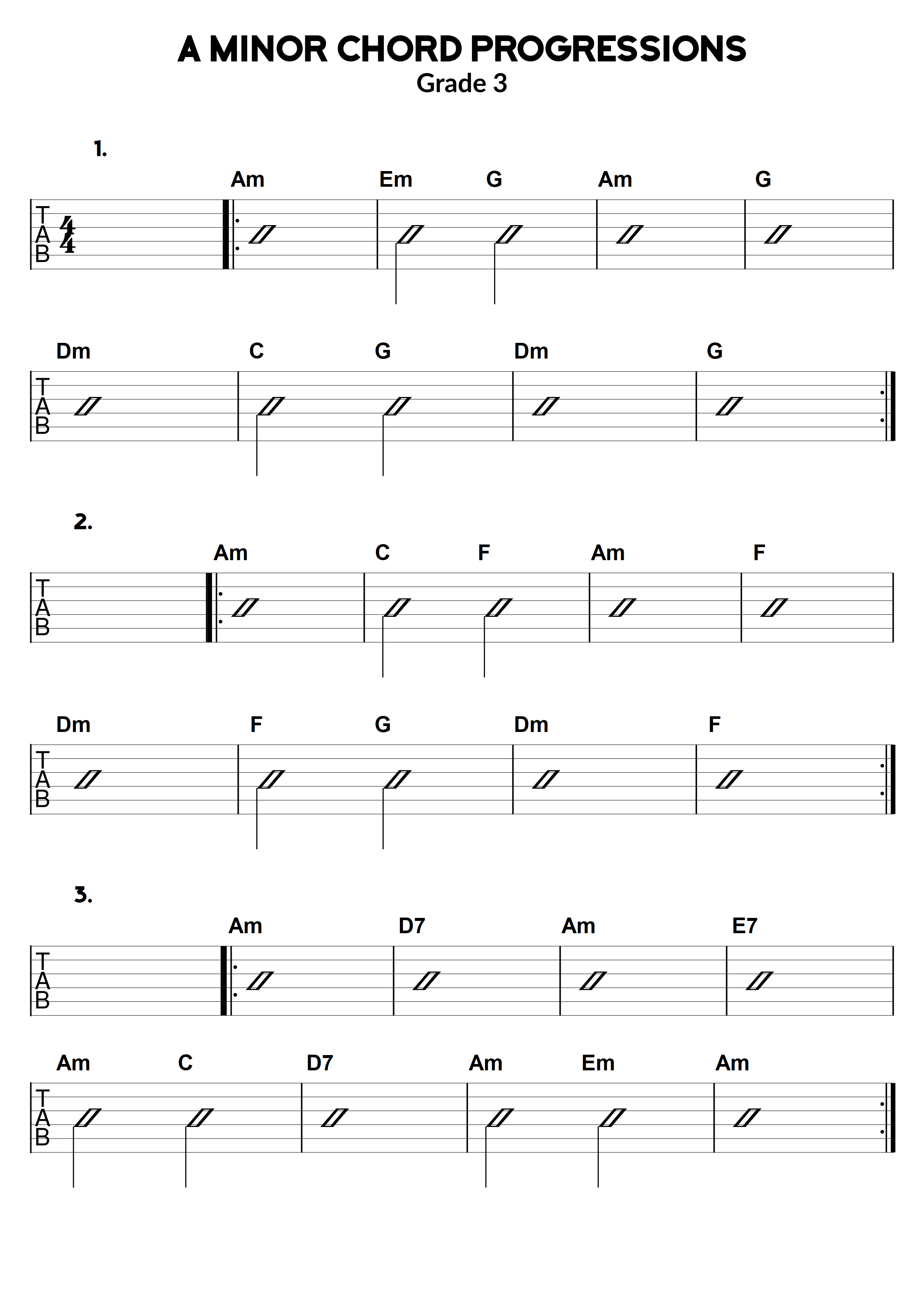 a minor chord progressions exercises grade 3 learn guitar for free