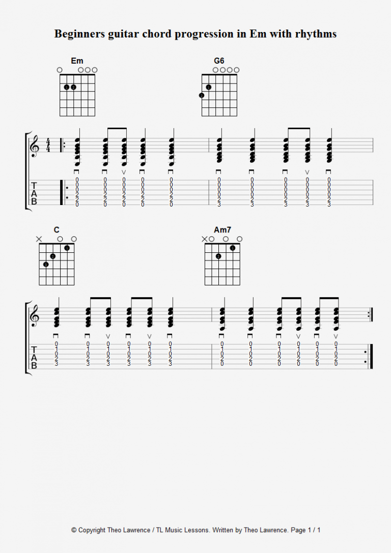 Beginners guitar chord progression in Em with strumming rhythms - Learn