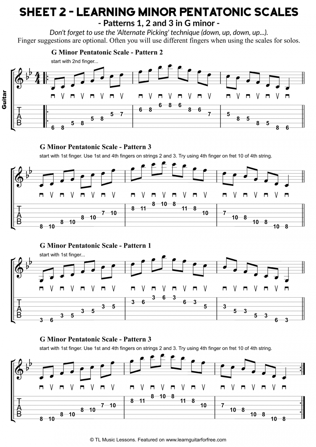 Sheet 2 – Learning Minor Pentatonic Scales – G minor – Patterns 1, 2 and 3