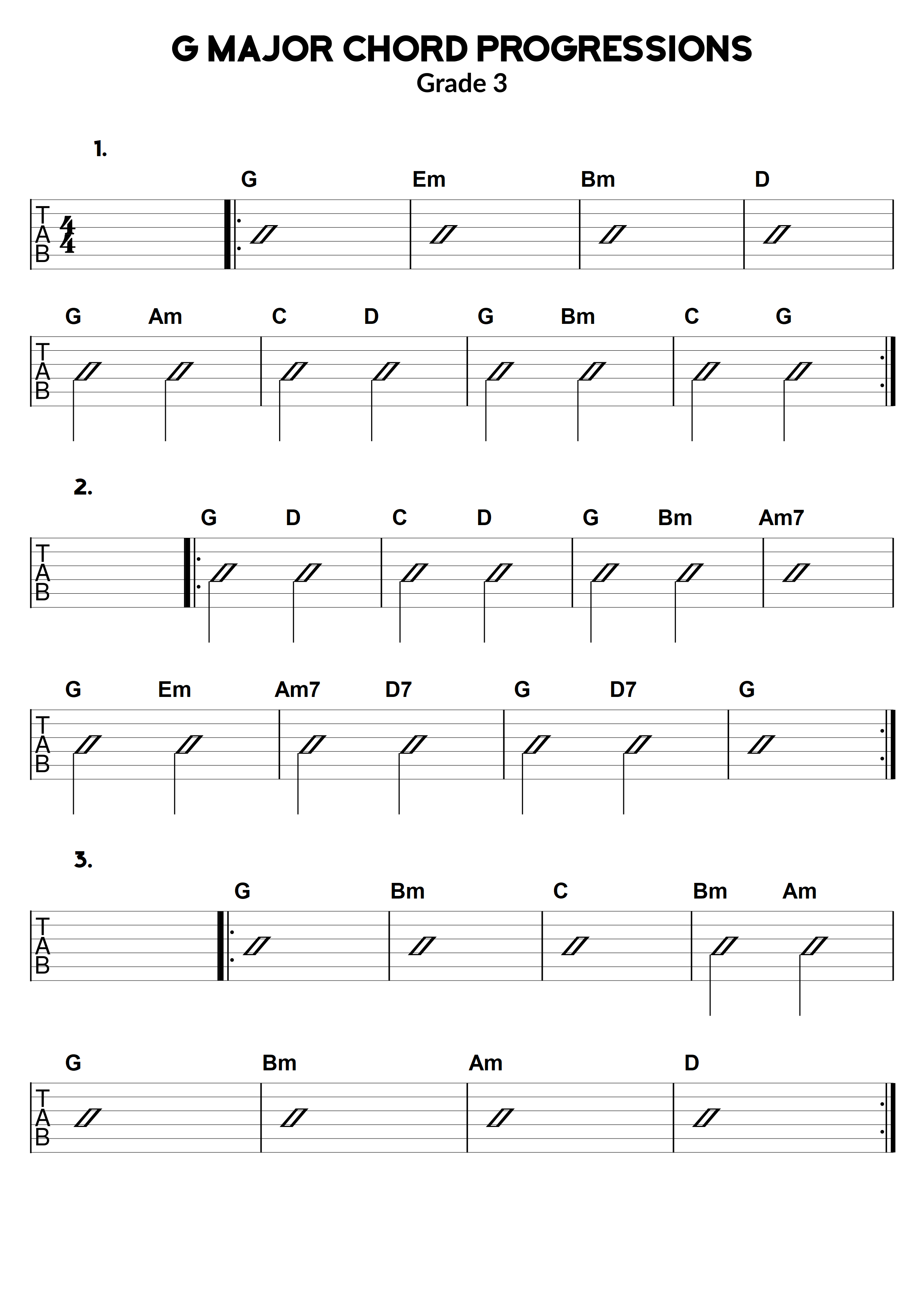 g major chord progressions grade 3 learn guitar for free