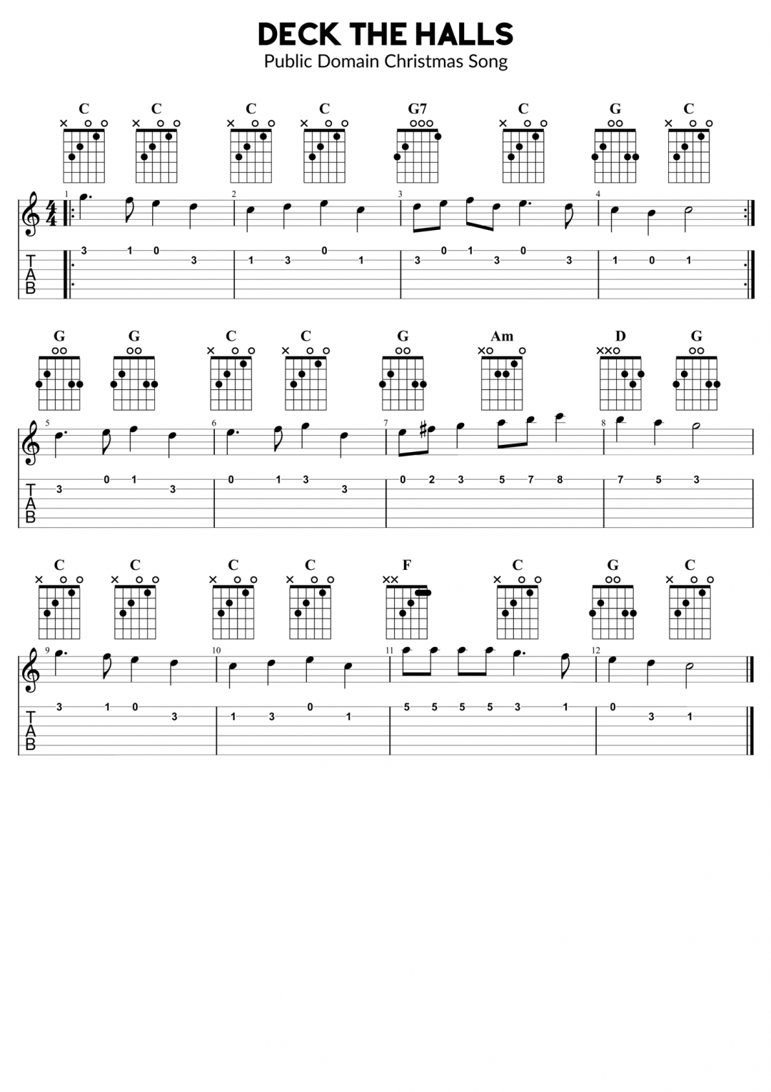 Deck The Halls - Guitar, Ukulele and Bass Melody and Chords Sheet Music ...