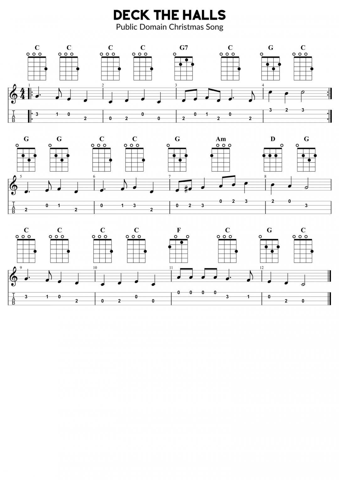 Deck The Halls – Guitar, Ukulele And Bass Melody And Chords Sheet Music ...