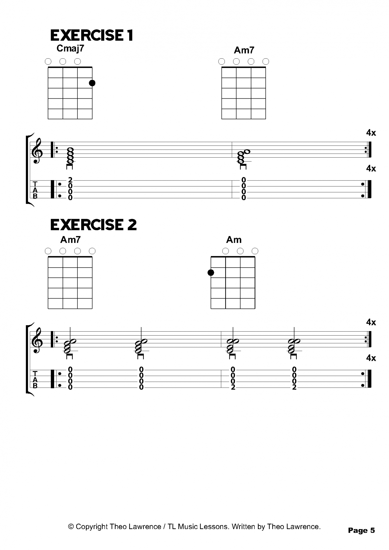 2 ukulele chords exercises for beginners. The chords are Cmaj7, Am7 and Am.