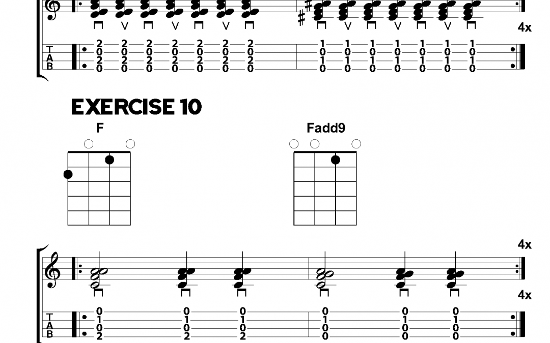 Exercises 9-10 - Inside The Book: 50 Ukulele Exercises for Beginners. On this chords exercise sheet, we will be working with four chords: Em7, Edim7, Fmaj7 and Fadd9.