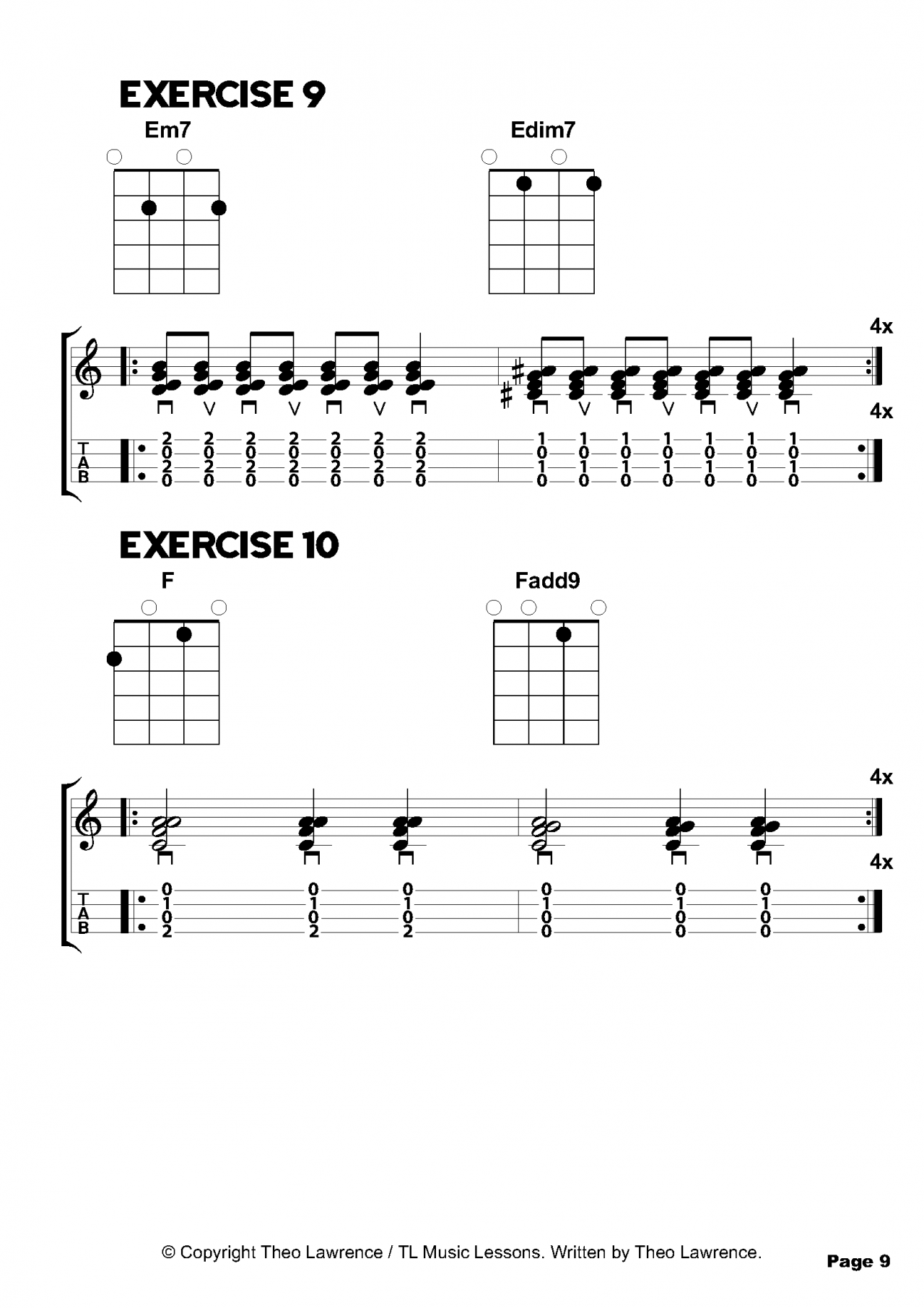 Exercises 9-10 - Inside The Book: 50 Ukulele Exercises for Beginners. On this chords exercise sheet, we will be working with four chords: Em7, Edim7, Fmaj7 and Fadd9.