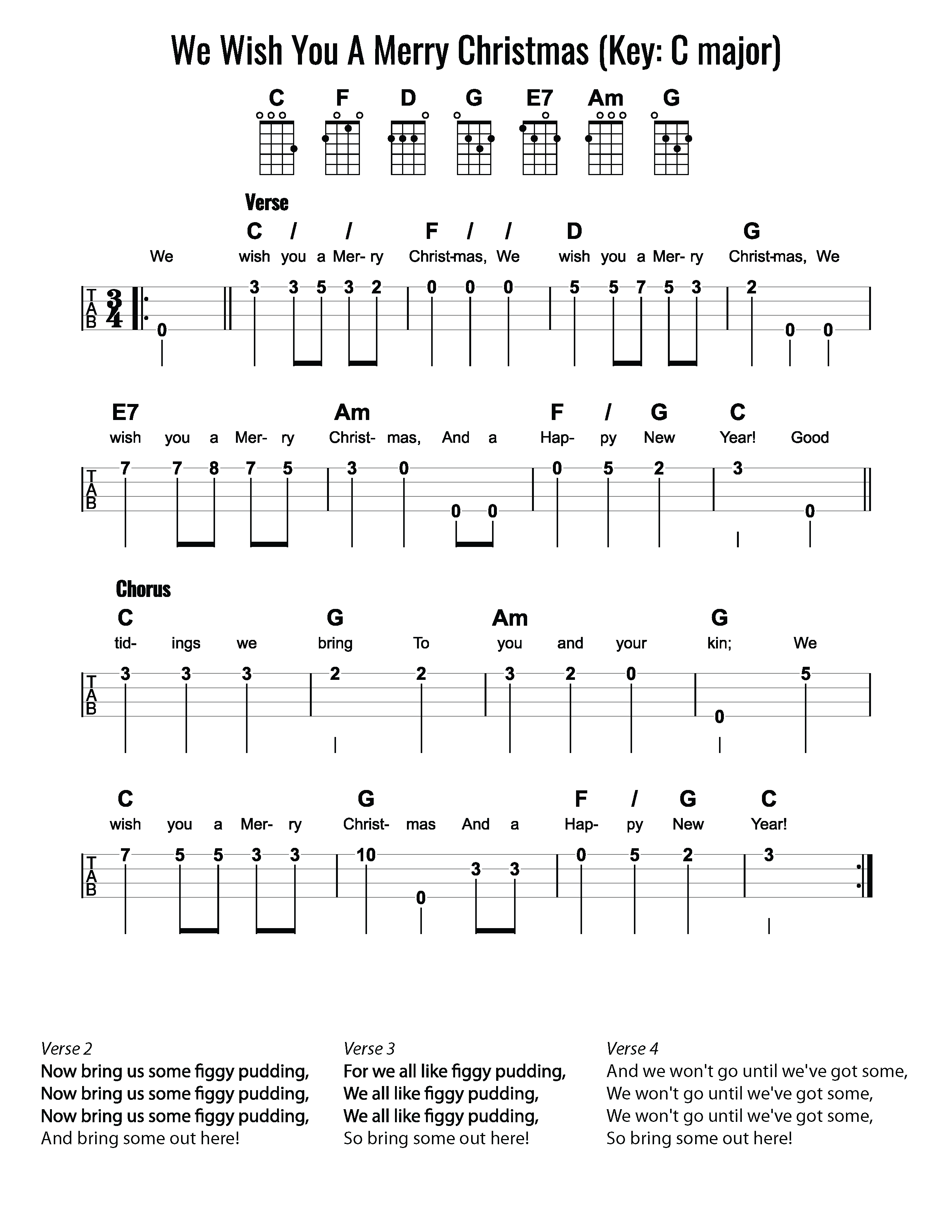 We Wish You a Merry Christmas – Chords and TAB for Ukulele