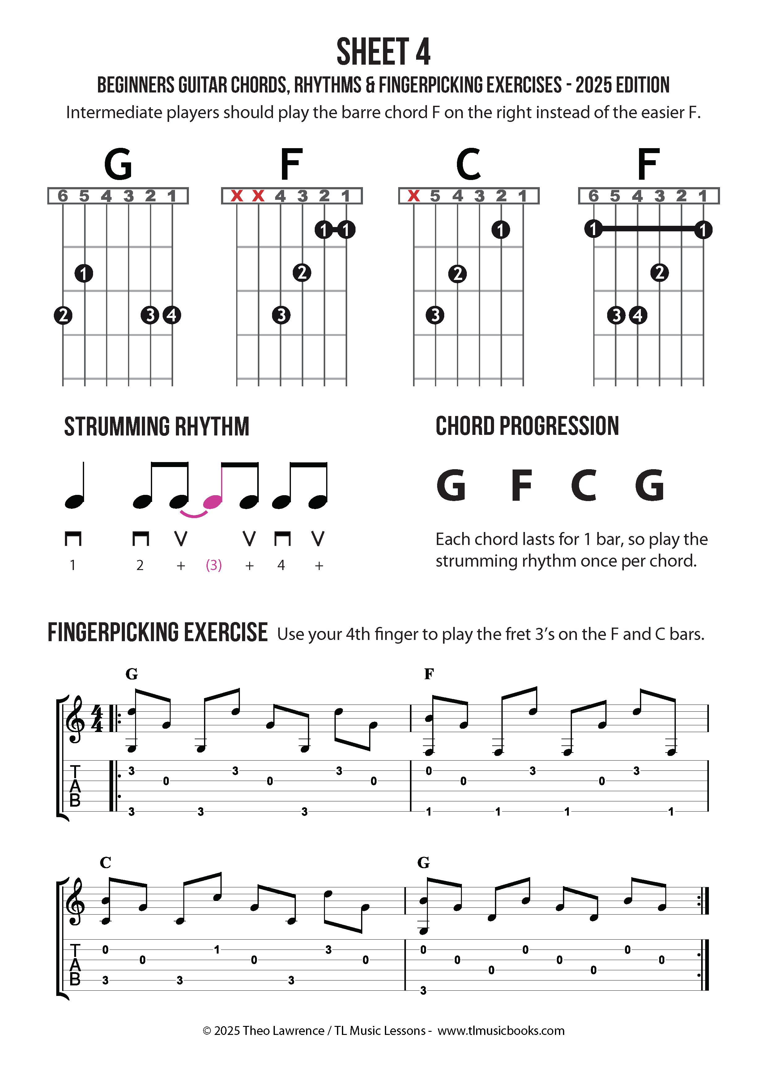 Beginners Chords Exercise using C, G and F, with a strumming rhythm and fingerpicking tab